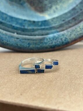 Southwest style - Sterling silver stacker ring set - lapis stone inlay - vintage